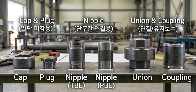 배관 말단 마감용 Cap과 Plug, 단구간 연결용 Nipple(TBE, PBE), 기계적 분리 및 연장용 Union과 Coupling 등 다양한 소형 배관 피팅 자재들의 종류를 비교한 산업 현장 실물 사진