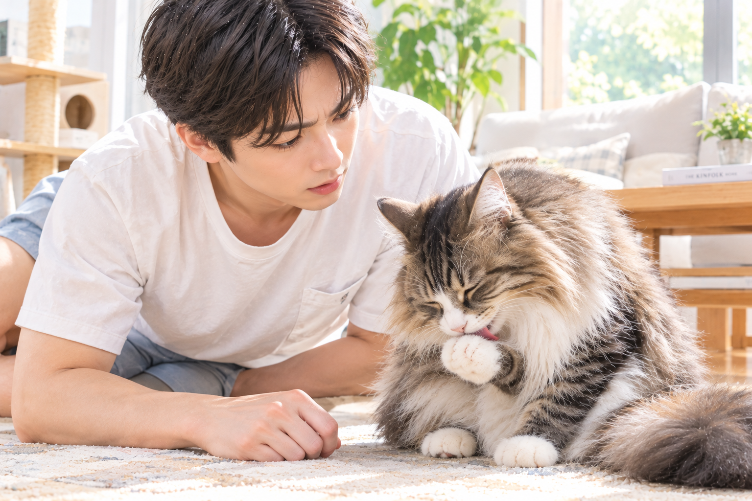 자신의 발을 집요하게 핥고 있는 고양이