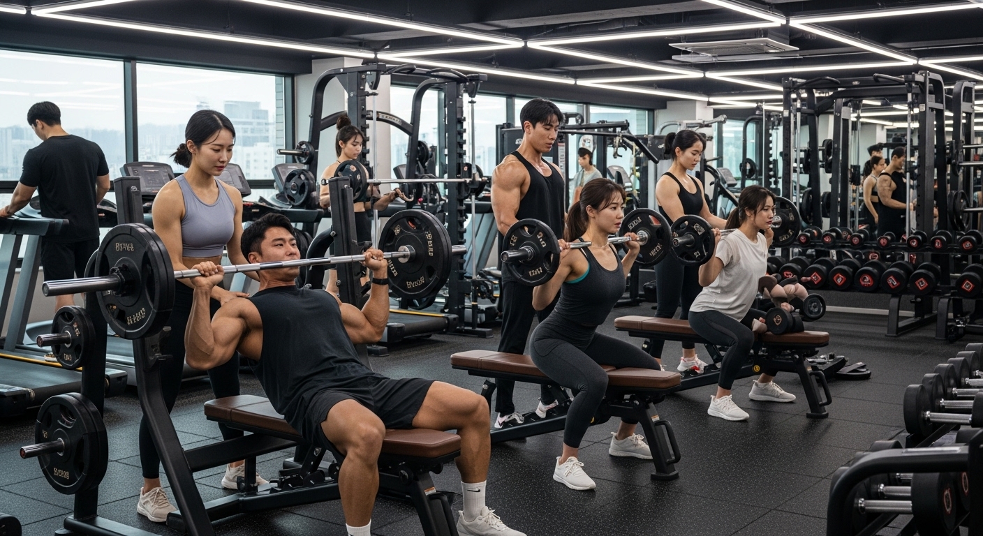 헬스장에서 근력운동 하는 남녀들