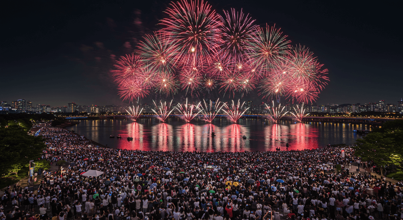 많은 인파가 모여 불꽃이 터지는 장면을 사진 찍는 모습 3