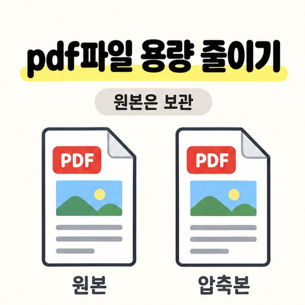 pdf파일 용량 줄이기 제목 아래 같은 사진과 글줄이 들어 있는 원본과 압축본 PDF를 나란히 배치하고 원본 보관을 안내한 그림