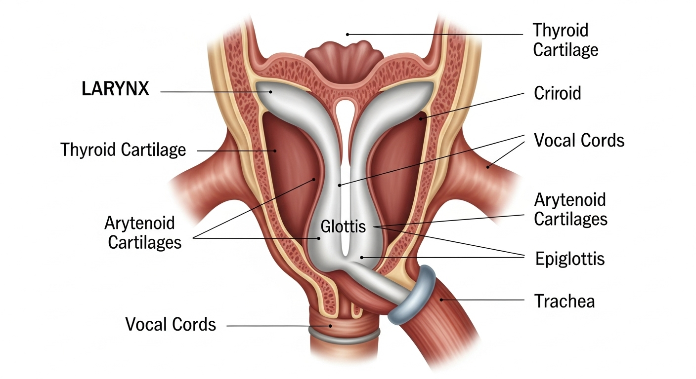 사람의 후두와 성대 위치를 보여주는 해부학적 일러스트