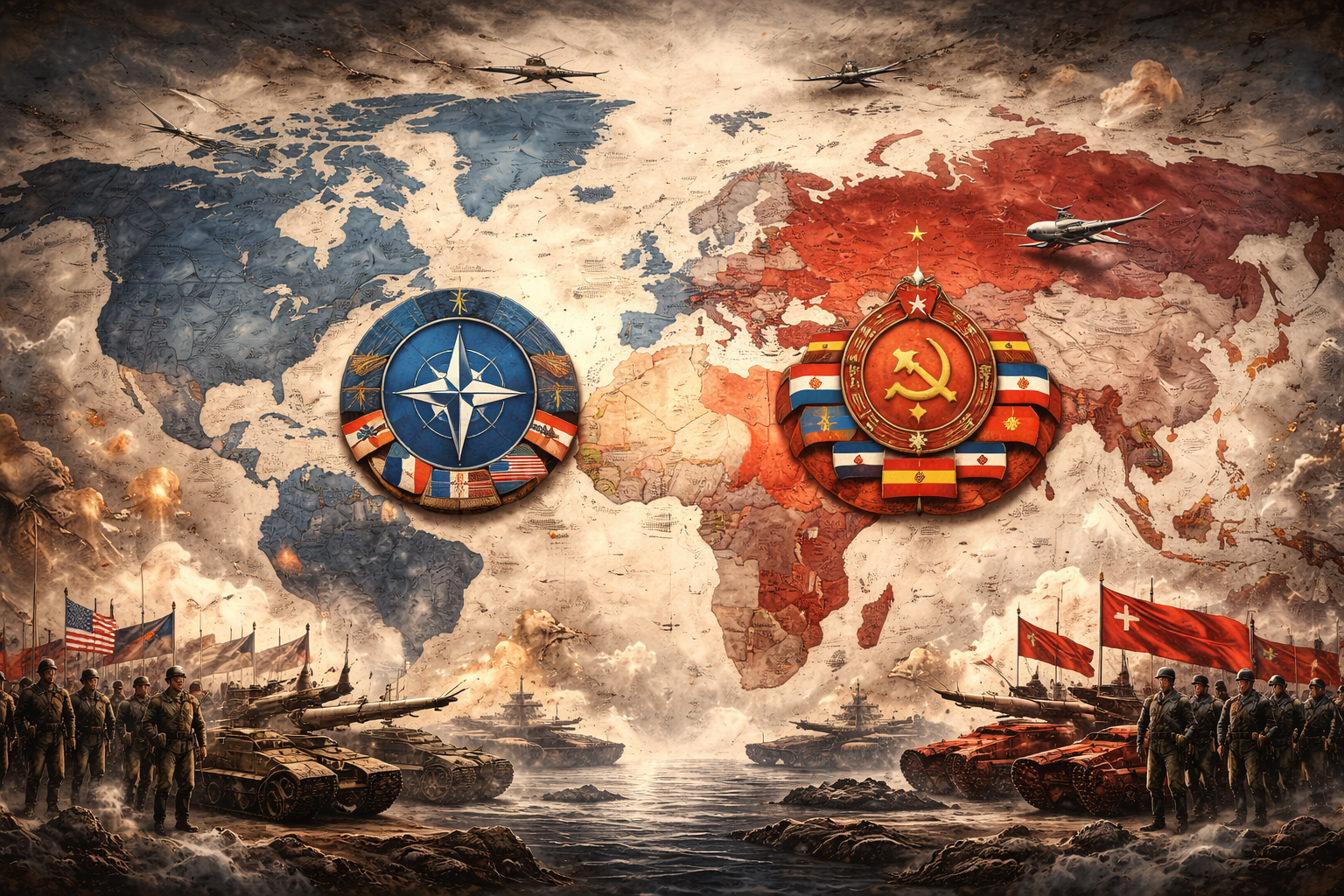 "Illustration of the Cold War world order showing a divided global map with Western and Soviet blocs, military forces, tanks, aircraft, and a tense geopolitical atmosphere."