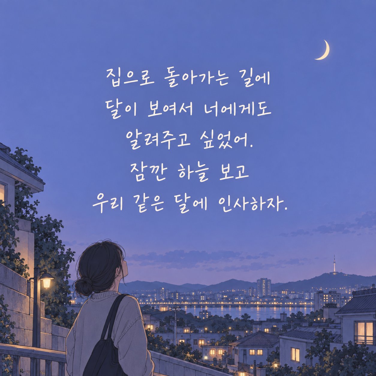 연인에게 보내는 저녁 인사 이미지 29 — 집으로 돌아가는 길에 달이 보여서 너에게도 알려주고 싶었어. 잠깐 하늘 보고 우리 같은 달에 인사하자.