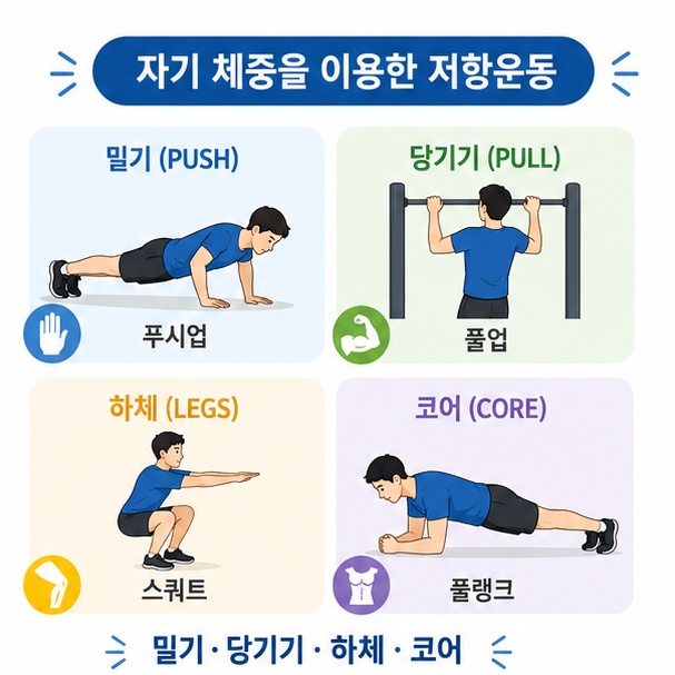 푸시업과 풀업, 스쿼트, 플랭크 등 자기 체중을 이용하는 칼리스데닉스 기본 동작을 정리한 이미지