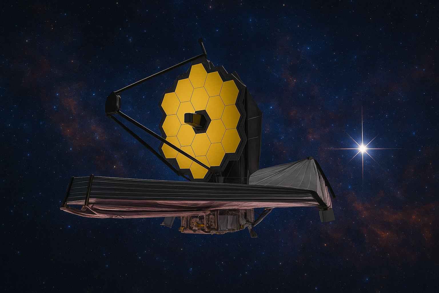 제임스 웹 우주망원경의 금색 주경과 우주배경, 적외선 관측을 상징하는 이미지