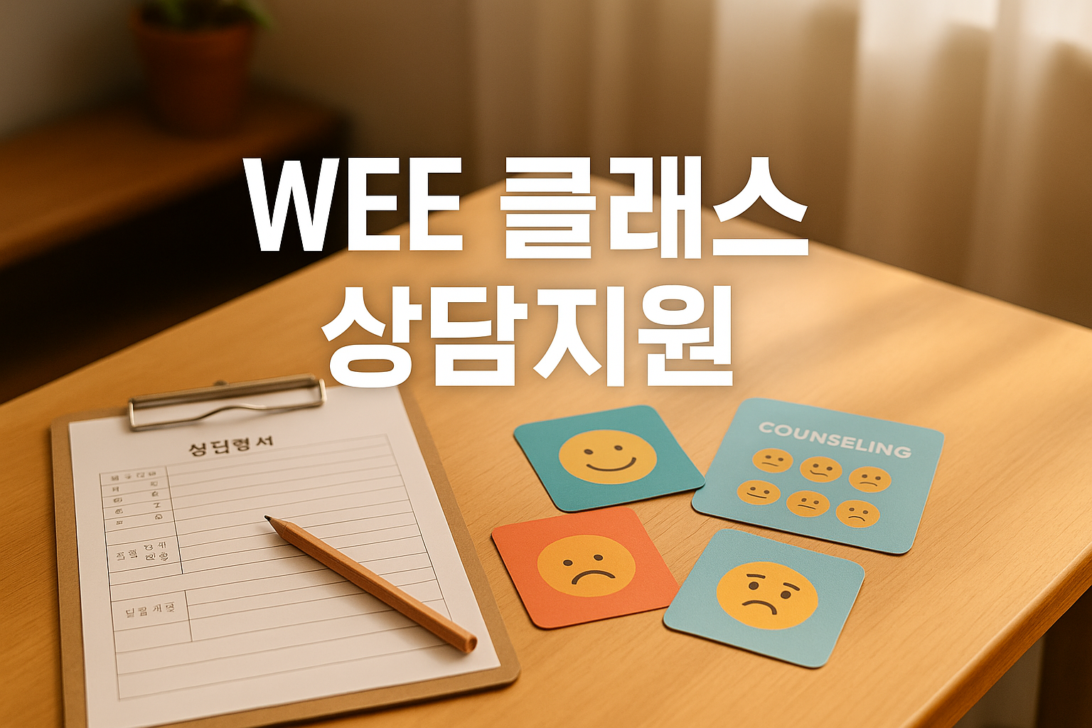 따뜻한-상담실-감정카드와-기록지-놓인-책상-WEE-클래스-상담지원-중앙텍스트