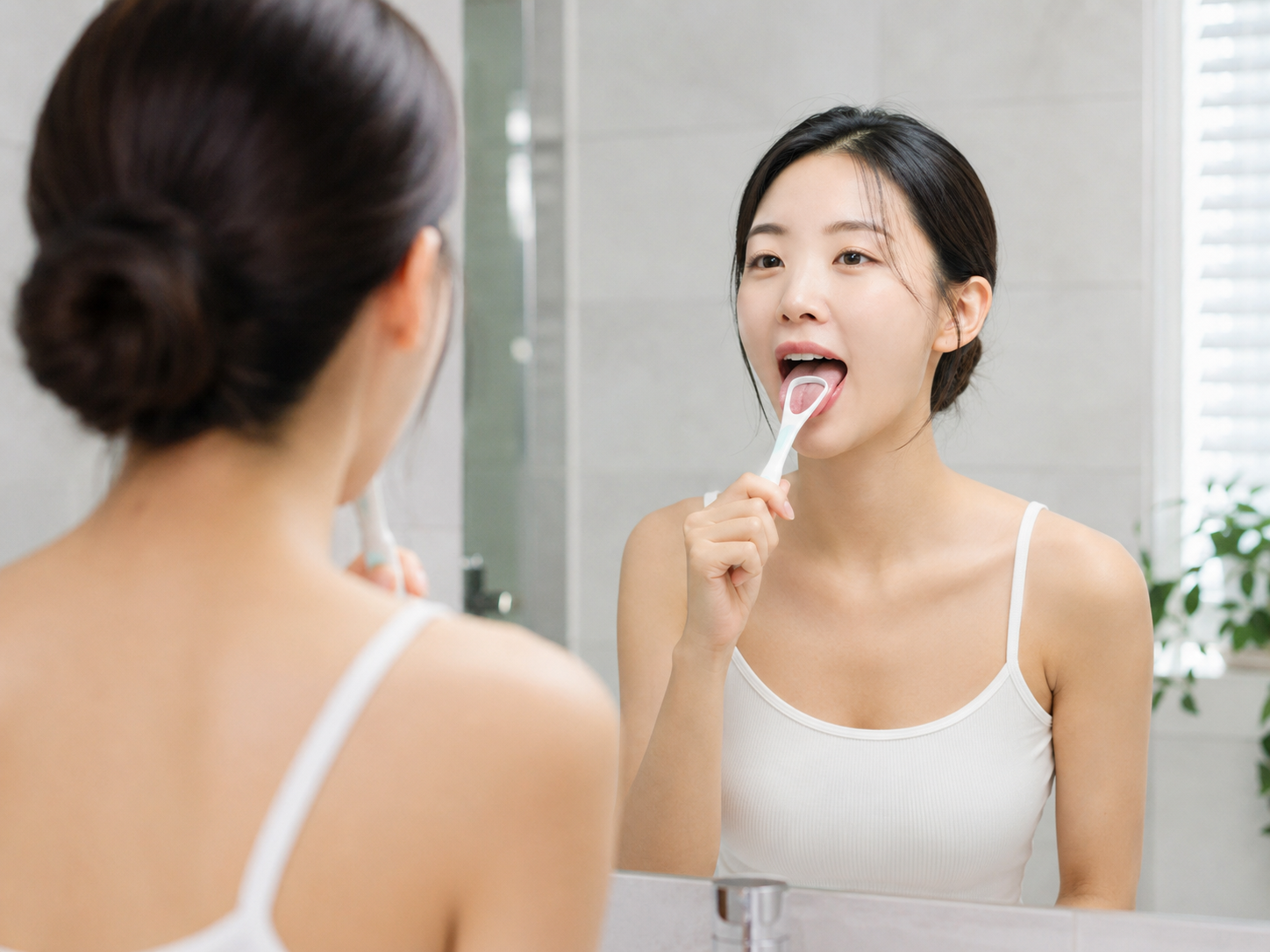 거울을 보며 혀 클리너로 백태를 부드럽게 관리하는 여성