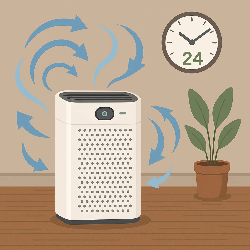 공기청정기를-24시간-켜도-괜찮을까를-상징적으로-표현한-일러스트-이미지로-거실의-공기청정기와-퍼져나가는-깨끗한-공기를-묘사
