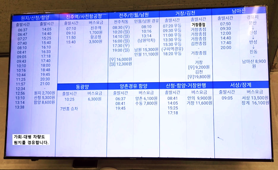 함양, 항공청, 동광양, 남원, 김천, 거창, 남마산, 장계 방면 시간표