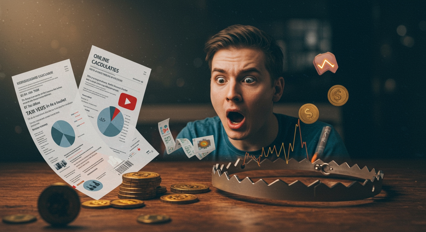 유튜브 수익 계산기의 한계와 실제 세금, 수수료, 콘텐츠 종류에 따른 수익 변동성을 설명하는 그림.