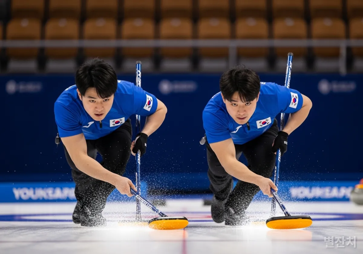 얼음판 위를 격렬하게 스위핑하는 한국 컬링 선수들의 역동적인 모습