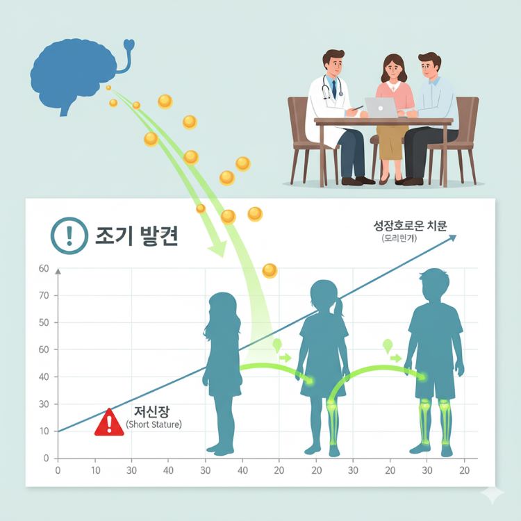 성장 곡선 그래프 위에 세 명의 어린이 실루엣. 한 명은 정상 곡선 위, 한 명은 3백분위수 아래에 위치하여 저신장을 나타냄. 뇌하수체에서 성장호르몬이 분비되어 성장판으로 향하는 경로를 화살표로 표시. 조기 발견의 중요성을 강조하는 시계 아이콘. 부모와 의사가 상담하는 모습도 포함. 따뜻하면서도 정보적인 파란색과 초록색 톤의 의학 일러스트