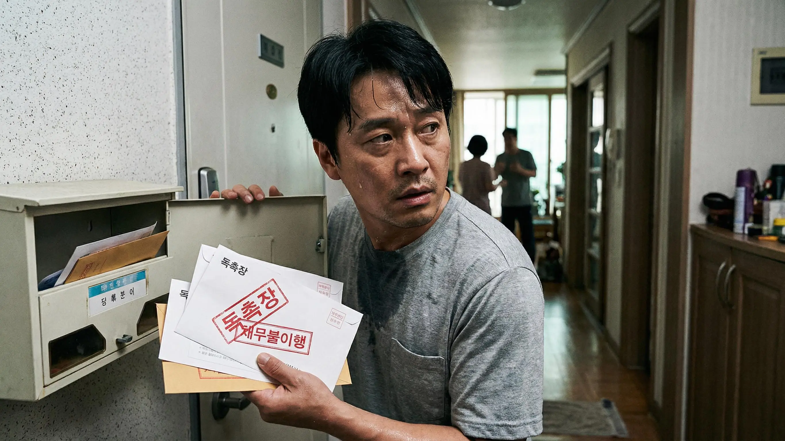 현관문 앞의 우편물을 보며 가족에게 들킬까 봐 불안해하는 채무자의 긴장된 모습