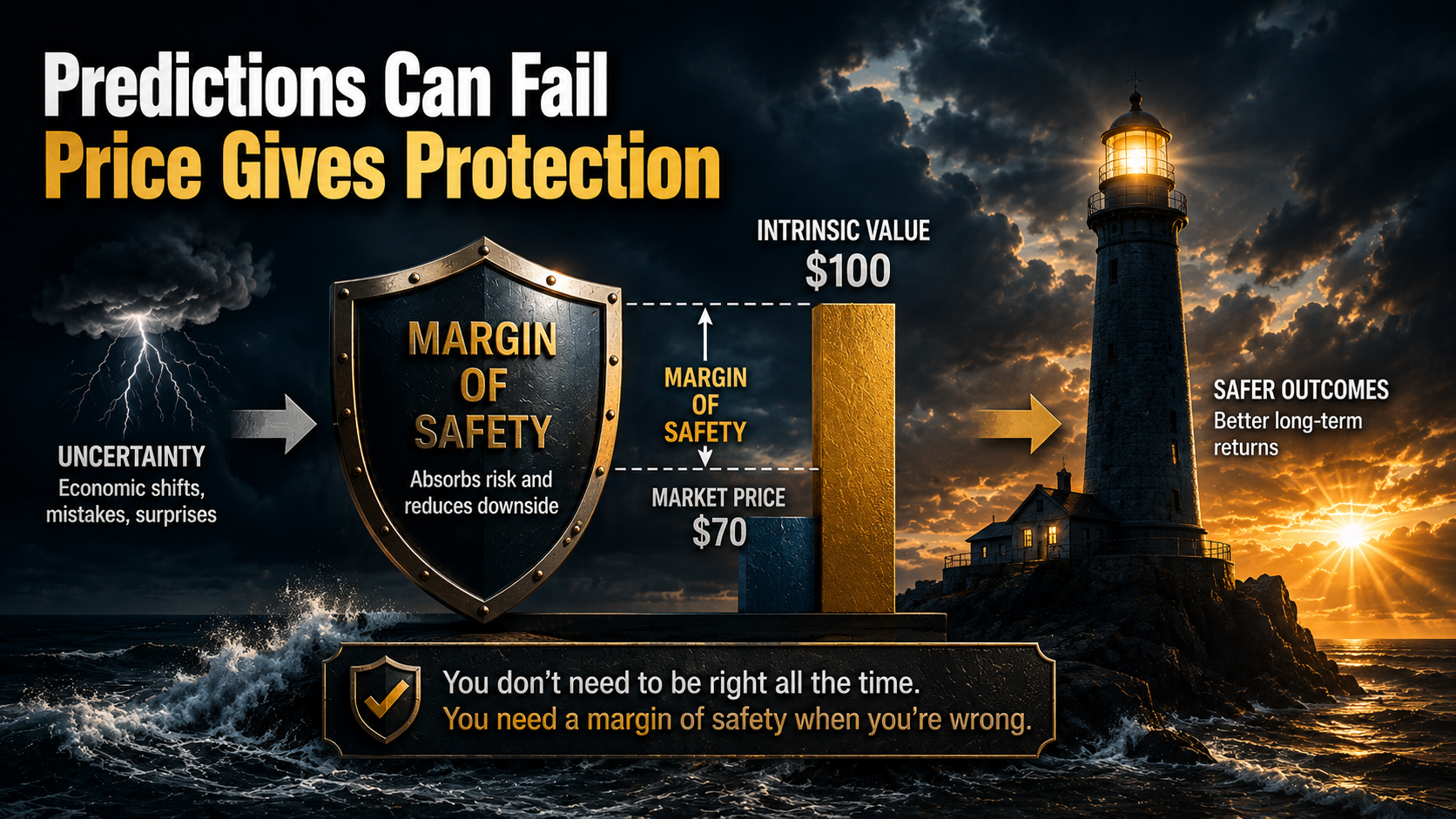 Margin of Safety protecting investors from valuation errors and market uncertainty.