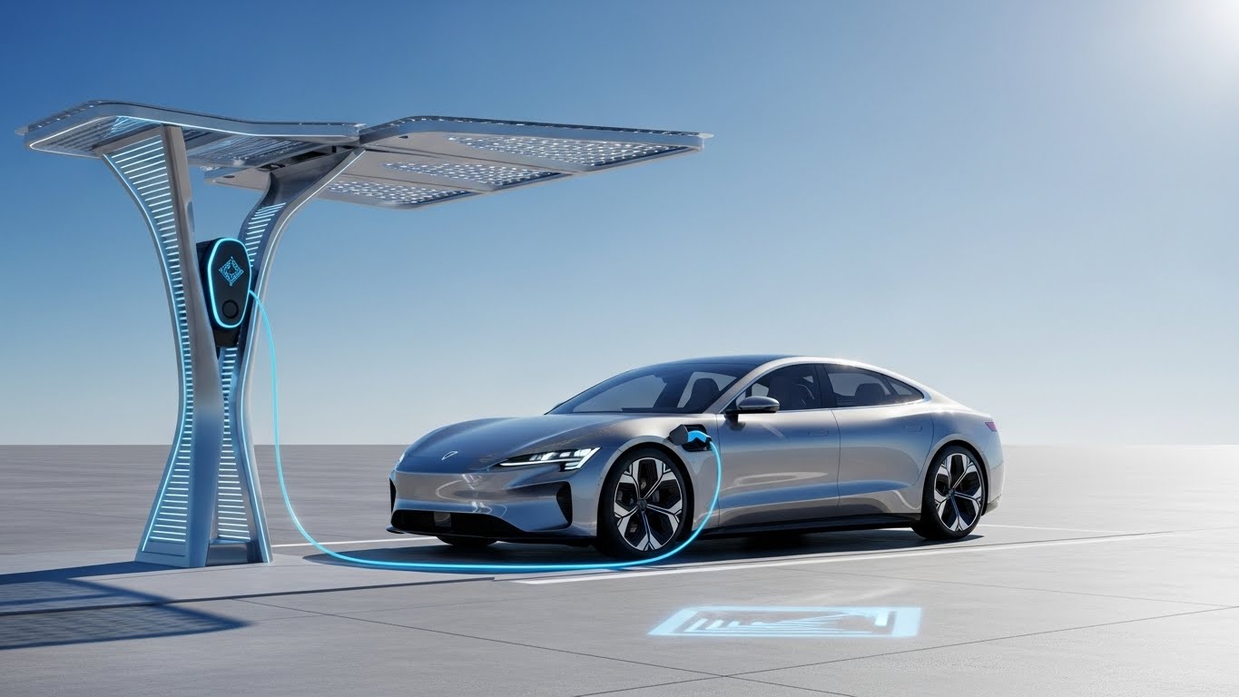 A modern electric car charging at a futuristic charging station with a bright blue sky background, high resolution, realistic style.