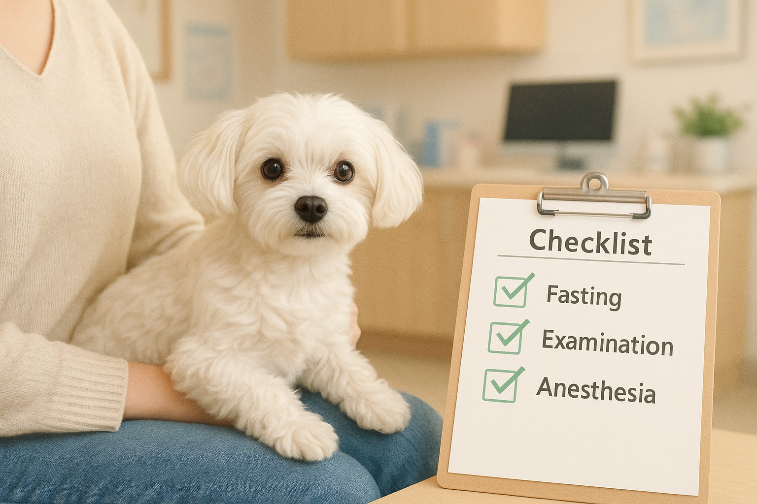 동물병원 대기실에서 보호자 무릎 위에 앉은 화이트 말티즈와 옆의 체크리스트 클립보드(금식, 검사, 마취 준비)