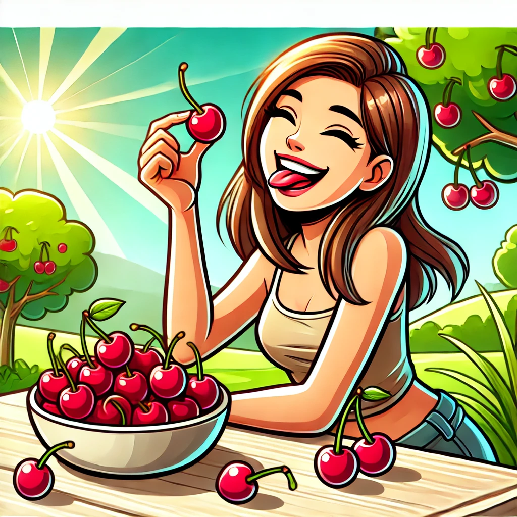 야외에 앉아 체리를 맛있게 먹는 여성의 모습