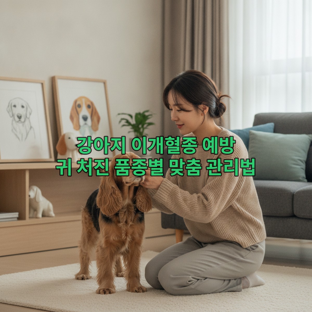 따뜻한 대한민국 가정집에서 코카 스패니얼의 귀를 부드럽게 확인하는 젊은 여성의 모습. 다른 귀 처진 강아지 품종의 그림이 배경에 은은하게 보인다.