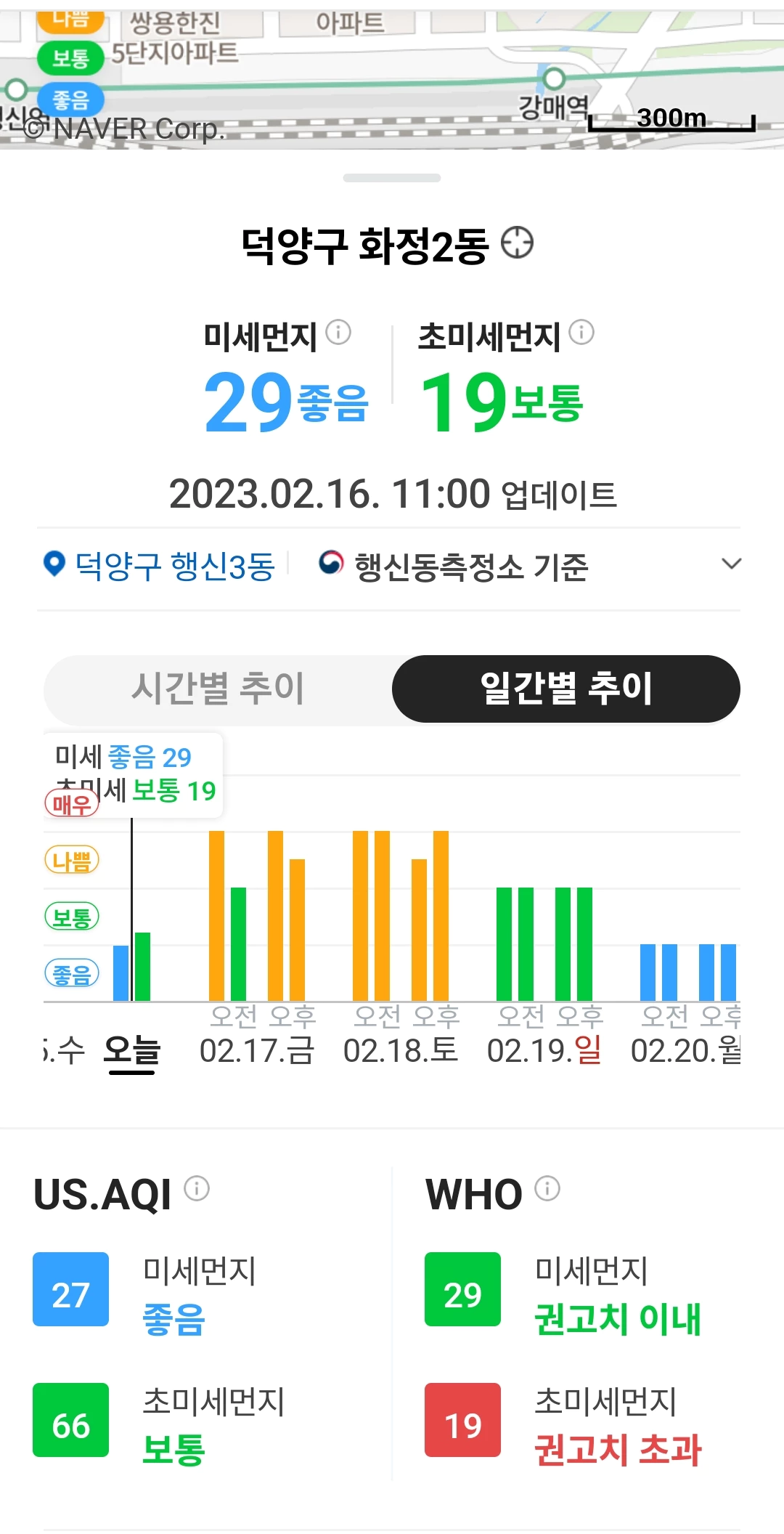우리 동네대기질에서 제공하는 미세먼지 초미세먼지 수치