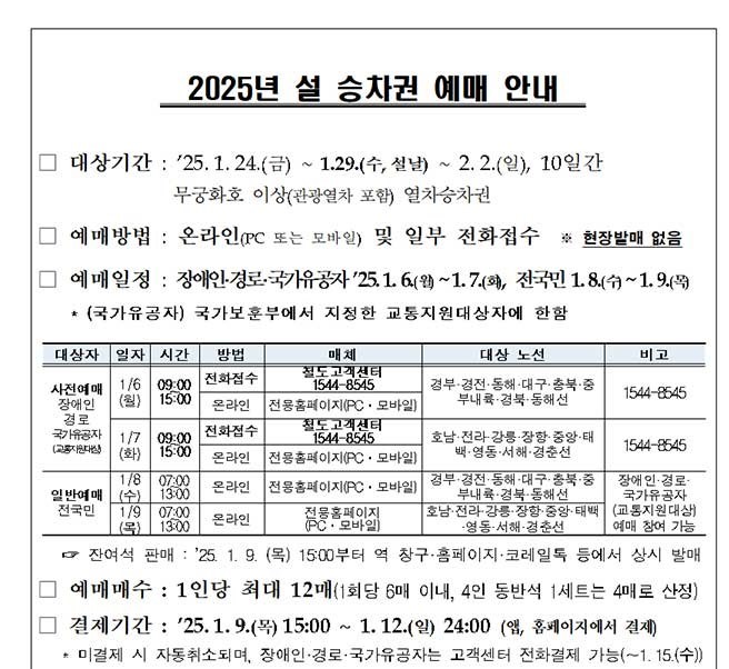 설 연휴 기차표 예매 안내 사진