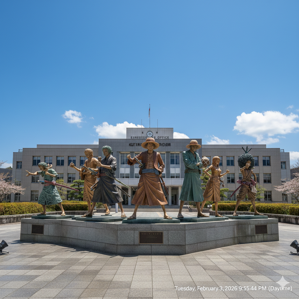 원피스 동상. 가운데 루피를 중심으로 조로, 나미, 브룩 등 ㄷ양한 캐릭터 들이 있다.