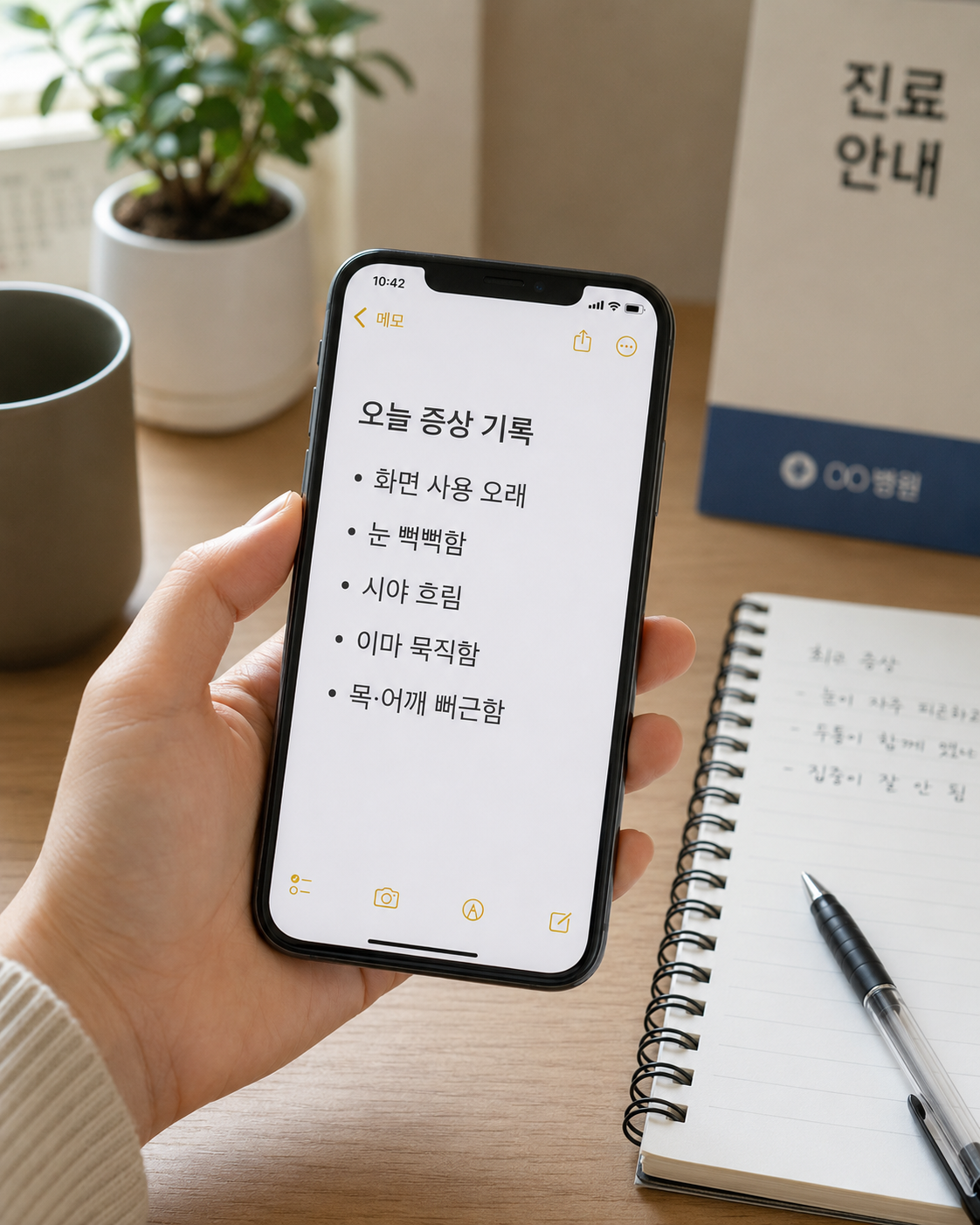눈 피로와 두통이 같이 올 때 증상 흐름을 휴대폰에 기록하는 모습