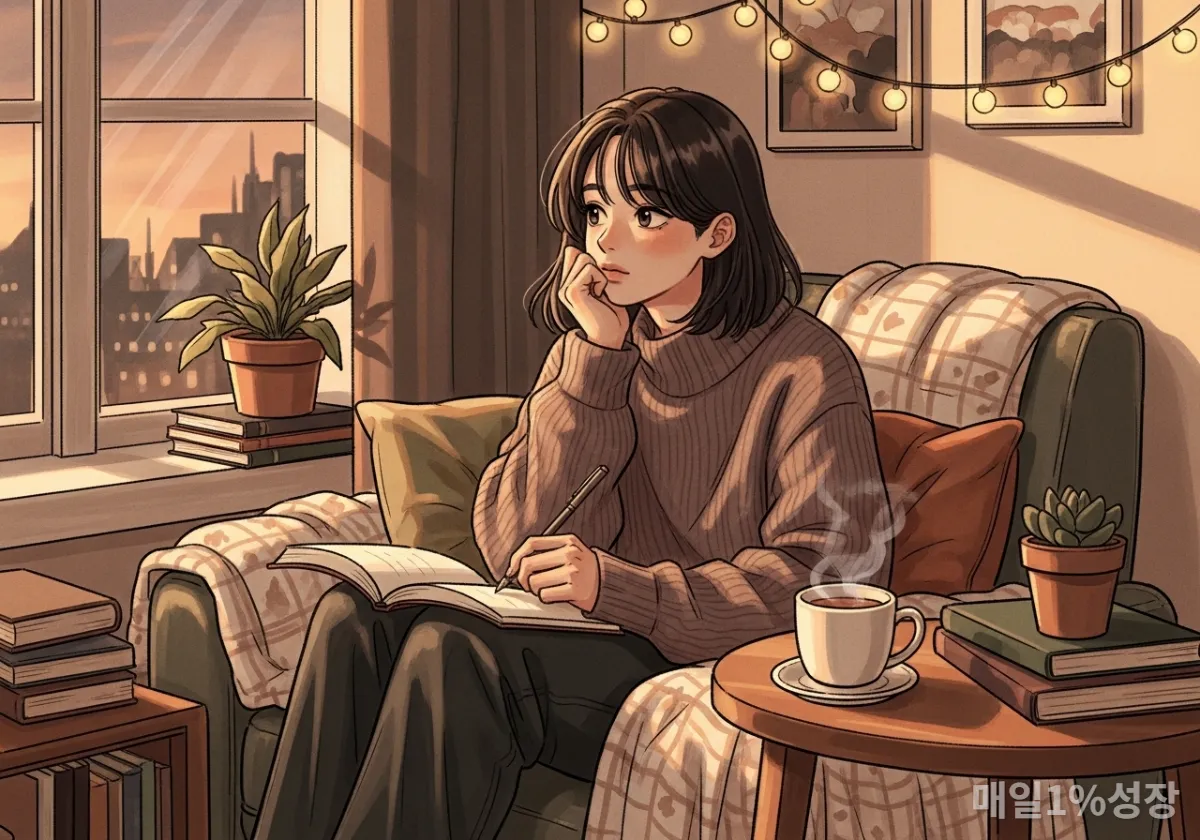 졸업 우울증을 극복하기 위해 차를 마시며 일기를 쓰는 한국 청년의 편안한 모습