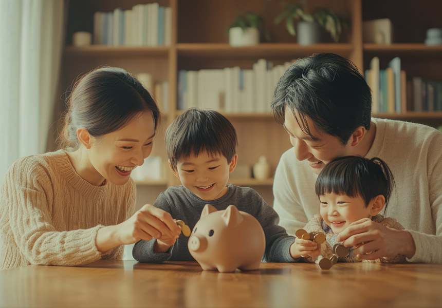가족이 함께 가계 예산을 점검하며 웃고 있는 따뜻한 분위기의 사진
