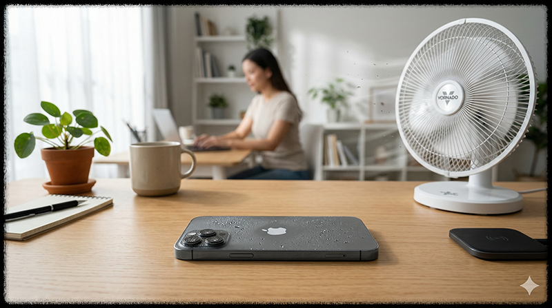 스마트폰을 통풍이 잘 되는 곳에 두고 자연 건조하는 모습