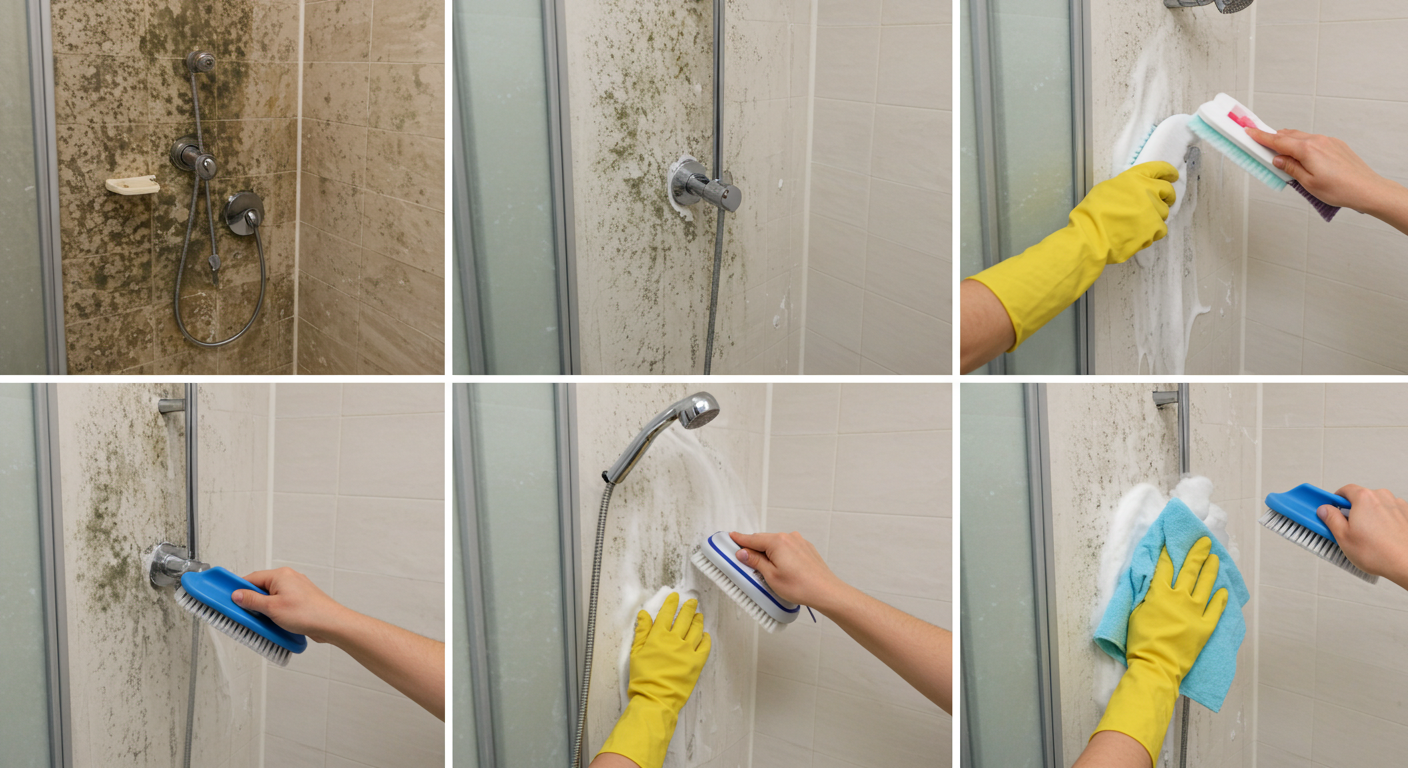 샤워기 헤드는 담그고, 호스 연결부는 문질러 주세요