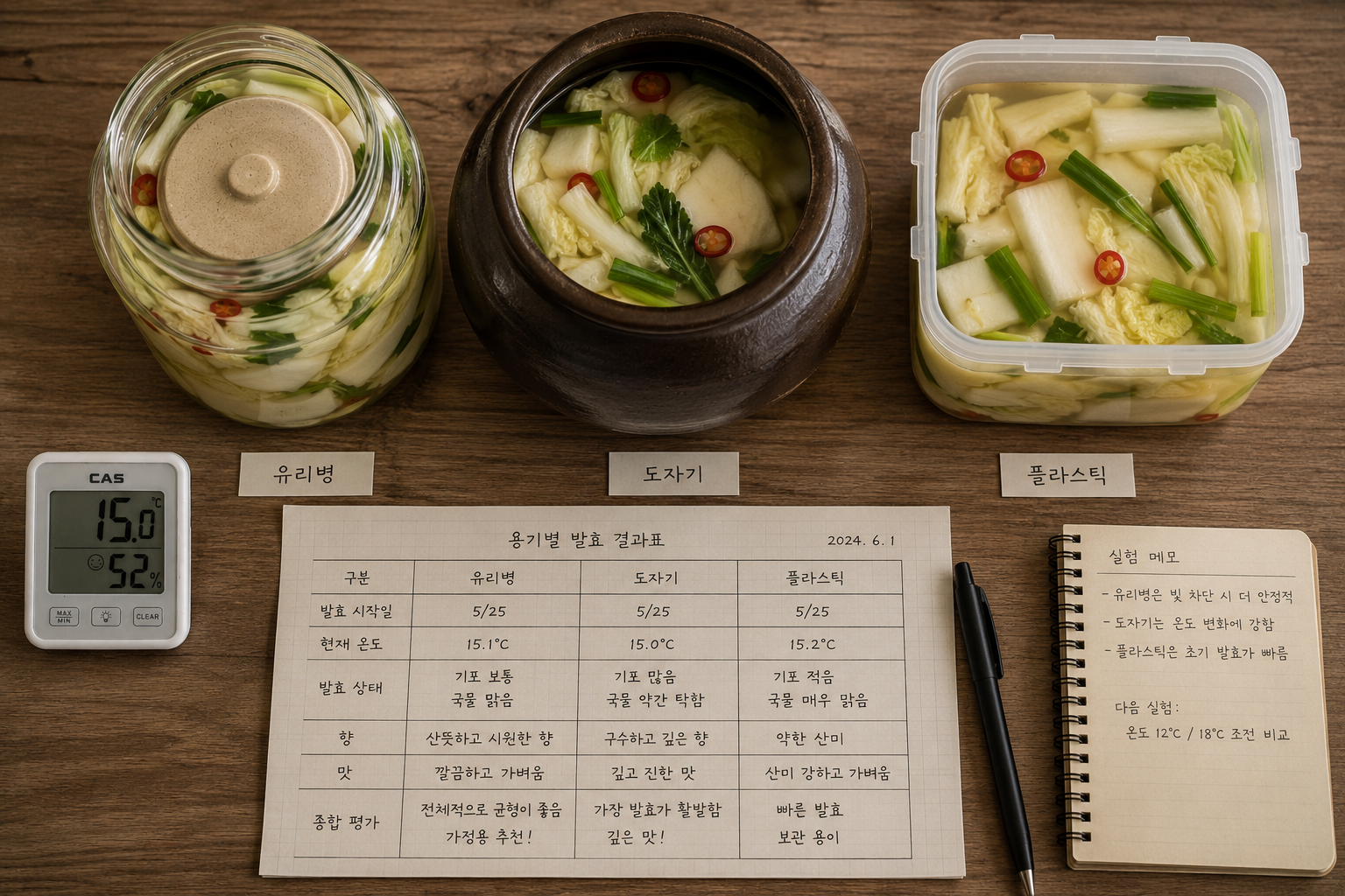 리병, 도자기, 플라스틱 용기에 담긴 물김치와 함께 용기별 발효 결과표, 실험 메모, 디지털 온도계가 정갈하게 배치된 비교 분석 사진. 발효 용기 재질에 따른 맛과 발효 상태를 한눈에 볼 수 있는 연구 자료