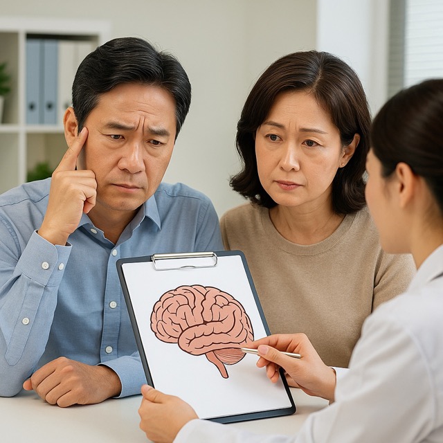 40대 중년 부부가 병원에서 뇌 건강 의사와 상담하는 모습(출처: 자체제작)
