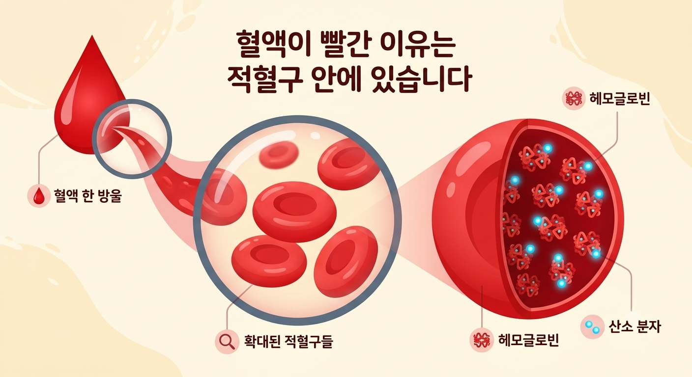적혈구 → 헤모글로빈으로 이어지는 확대 이미지