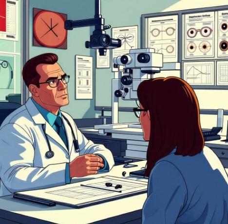 안과에서 환자가 의사에게 상담을 받는 모습입니다.