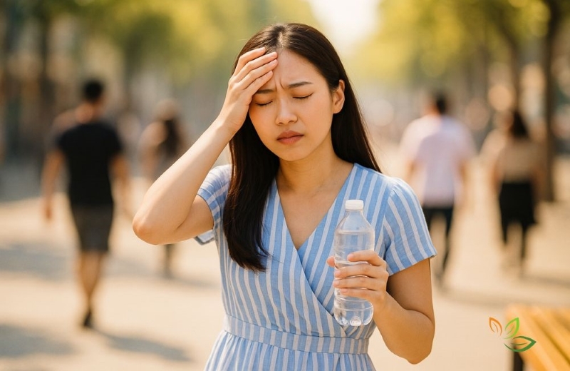폭염 속에서 두통과 어지러움을 호소하는 젊은 여성 - 열사병 전조증상과 단순 더위먹음 구분의 중요성 via canva