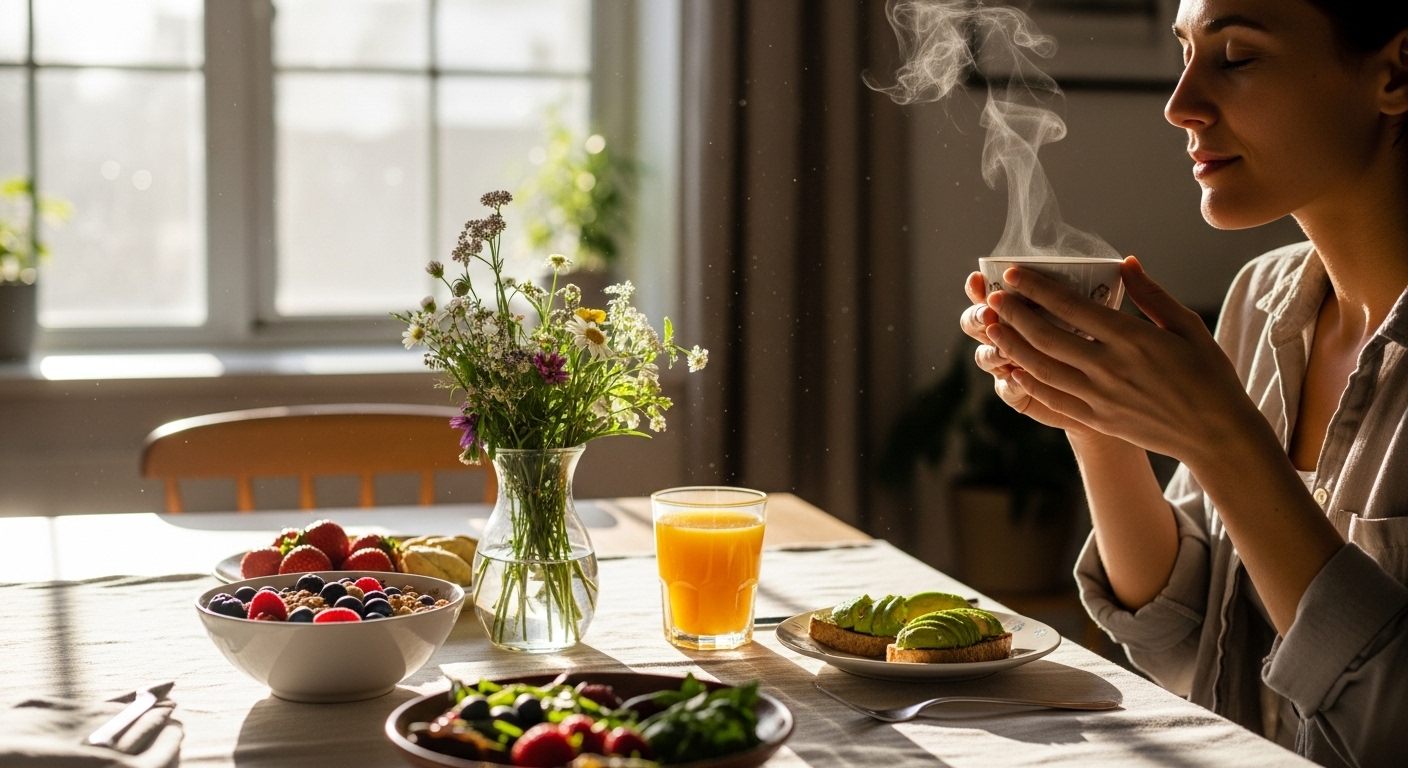 햇살 가득한 아침, 디지털 기기 없이 정성껏 차려진 식사를 천천히 즐기는 사람의 모습.