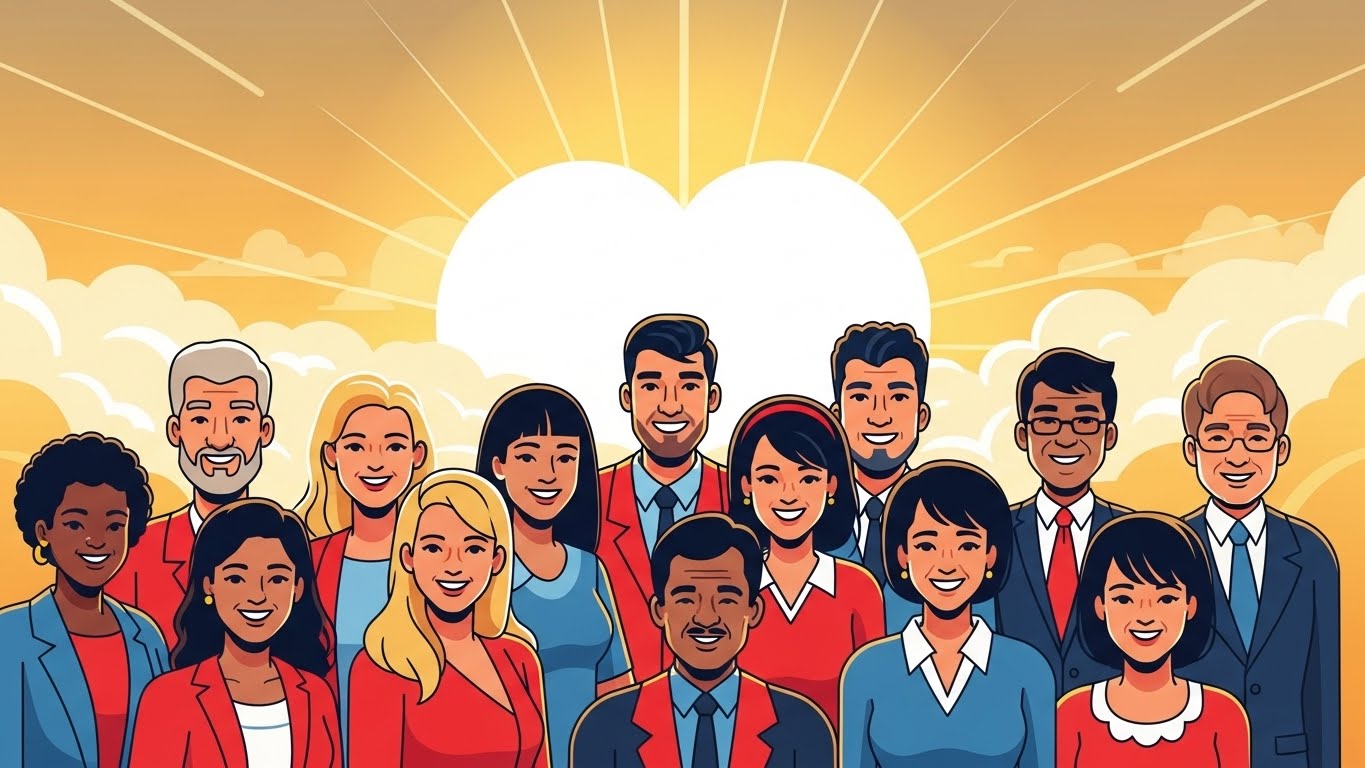 정기 검진으로 건강을 지킨 사람들이 근심 없이 행복하고 활기찬 삶을 살아가는 모습의 상징 그래픽