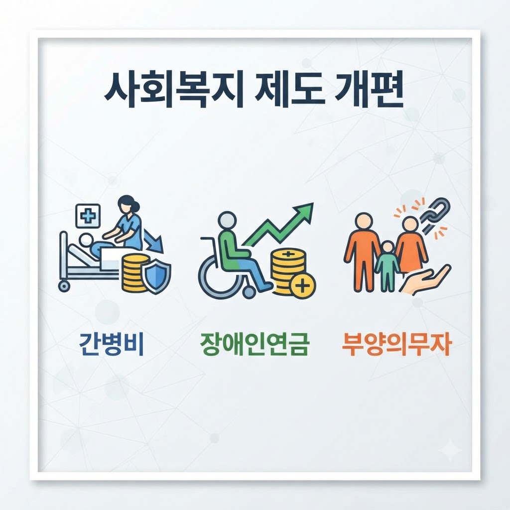 '사회복지 제도 개편'이라는 제목 아래, '간병비', '장애인연금', '부양의무자' 세 가지 핵심 키워드를 각각의 아이콘과 함께 하단에 균형 있게 배치한 정사각형 인포그래픽 썸네일.