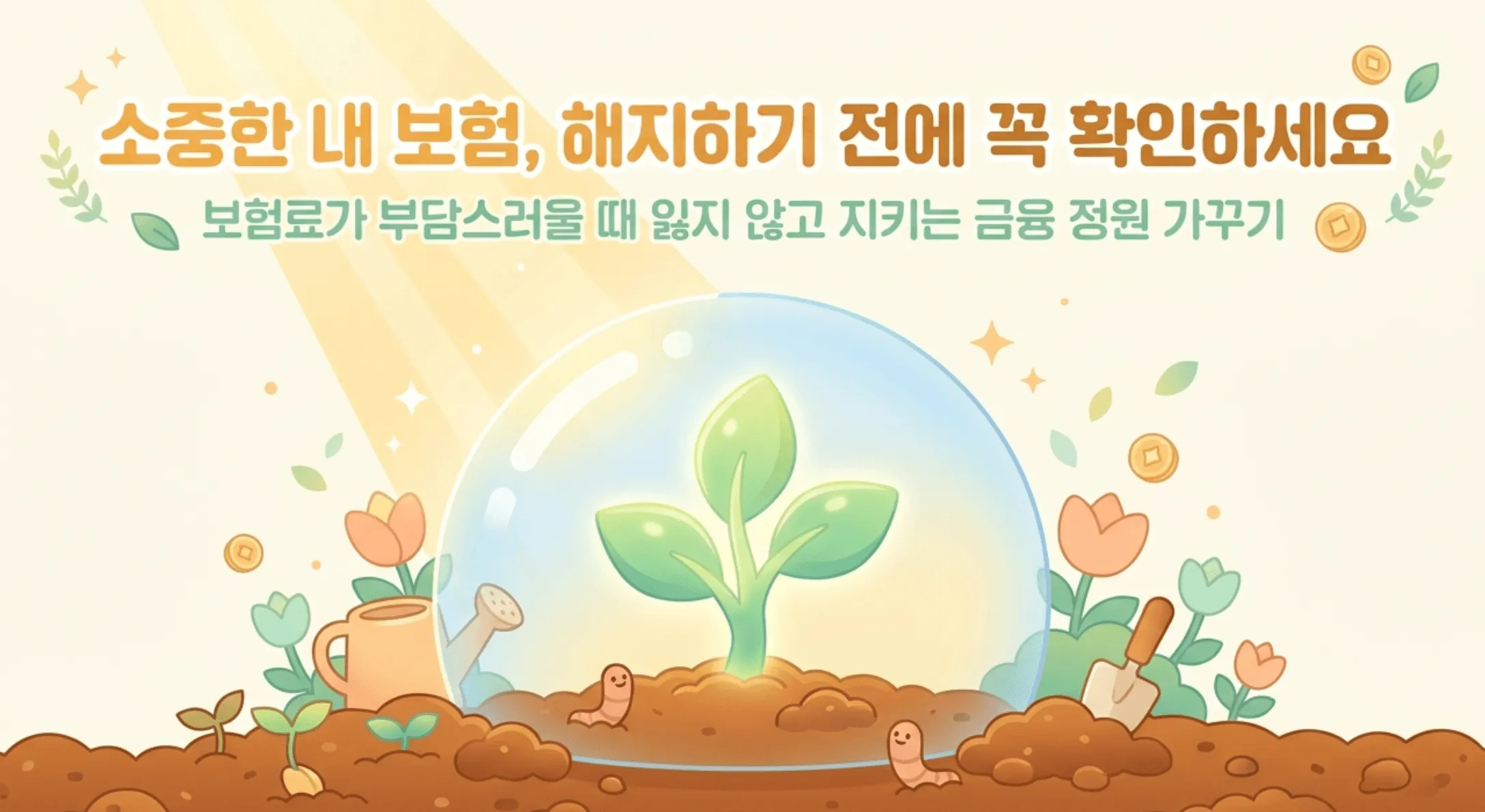 보험 해지환급금 계산: ”소중한 내 보험 해지하기 전에 꼭 확인하세요 — 보험료가 부담스러울 때 잃지 않고 지키는 금융 정원 가꾸기"라는 문구가 포함된 대표 이미지. 투명한 보호막 안에서 자라나는 새싹과 동전 꽃밭이 보험의 가치를 상징하며 보험 해지환급금 계산 구조와 해지 불이익 그리고 해지 대신 활용할 수 있는 대안까지 다루는 블로그 글의 핵심 주제를 시각적으로 전달함