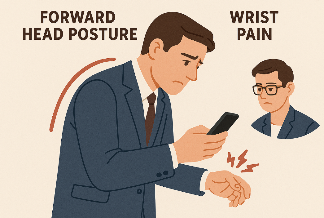 직장인의 스마트폰 과사용으로 인한 거북목 및 손목 통증을 보여주는 이미지입니다.