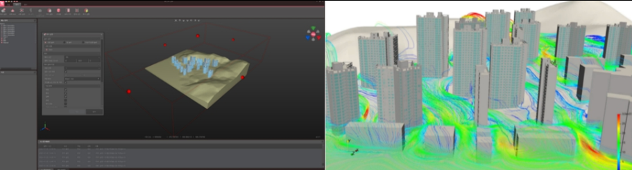 NFLOW LBM 전처리 과정 및 미세먼지 흐름, 빌딩풍 분석을 위한 바람길 해석 결과 이미지