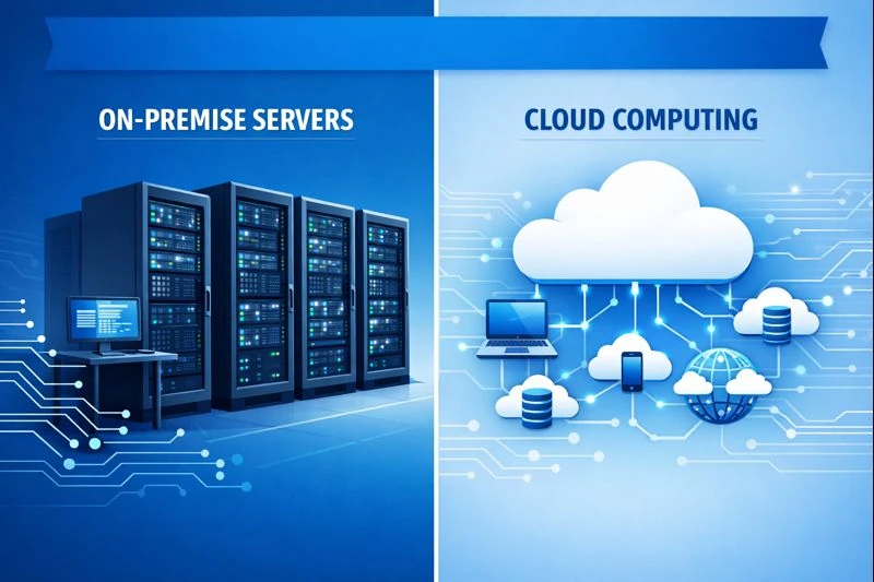 온프레미스 서버와 클라우드 인프라 비교 다이어그램 - 데이터센터 vs 클라우드 컴퓨팅 아키텍처
