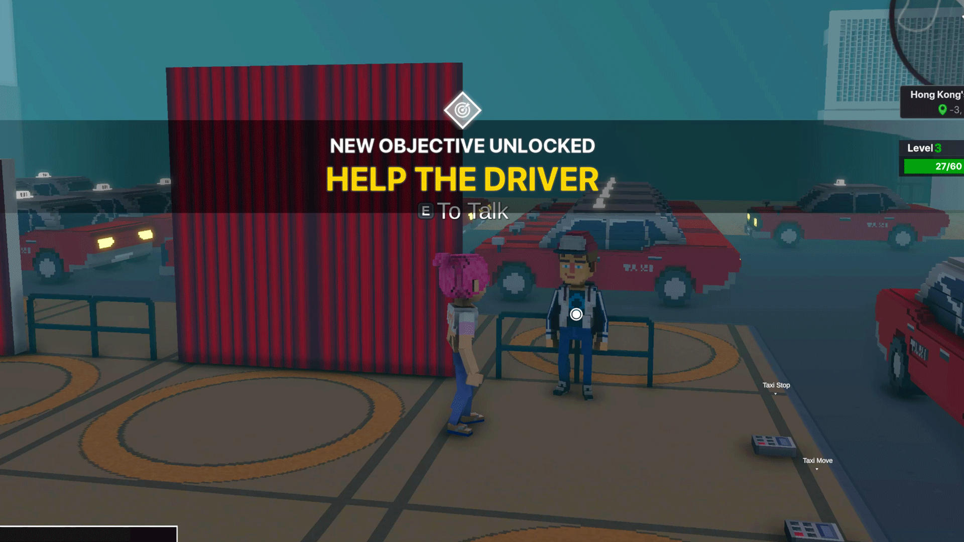 길가에 서 있는 남자와 대화하고 있다.