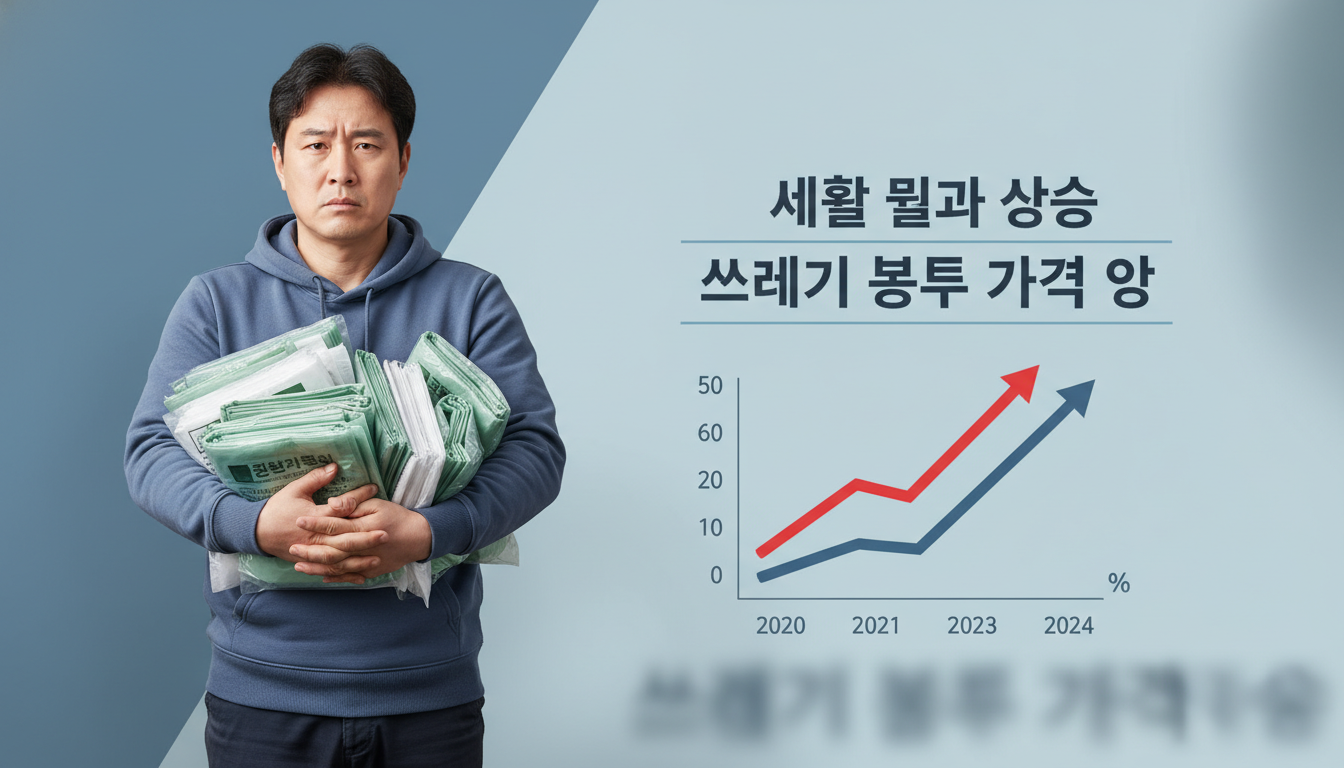 2026년 쓰레기봉투 가격 인상 확정에 대비하여 쓰레기봉투를 미리 쌓아두는 사람의 모습. 깔끔하게 정돈된 봉투들이 현명한 소비 습관을 상징합니다.