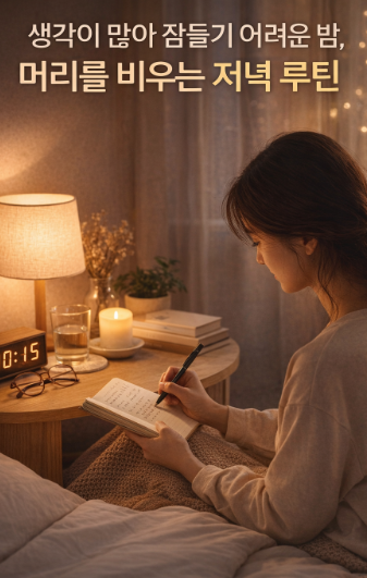 생각이 많아 잠들기 어려운 밤, 머리를 비우는 저녁 루틴을 실천하는 모습