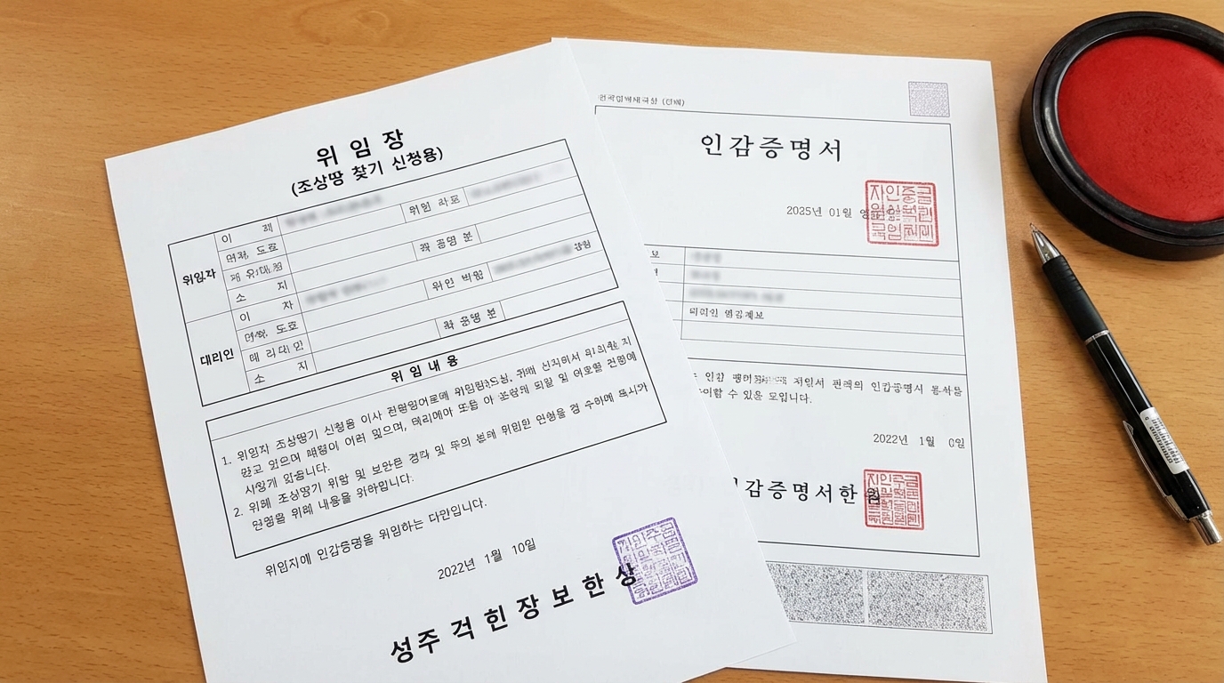 조상땅찾기 대리 신청 시 필요한 위임장과 인감증명서 양식 이미지