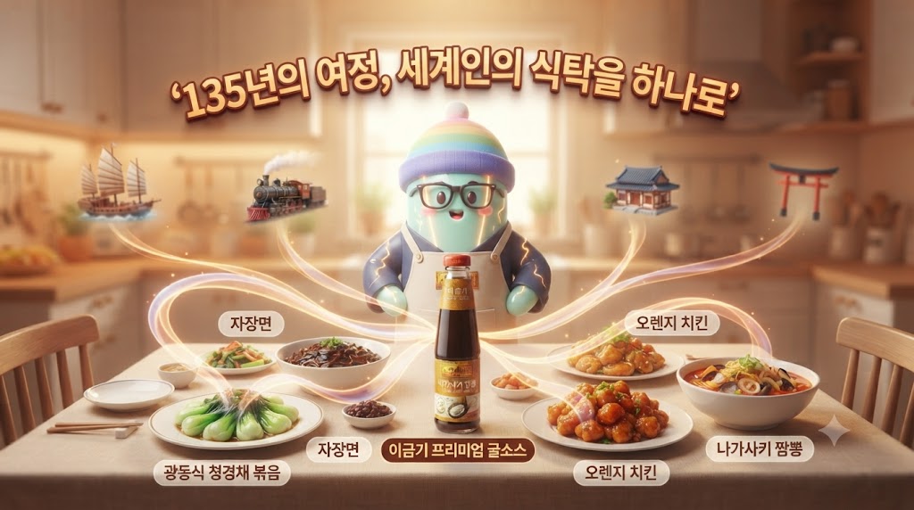 식탁 위에는 광동식 청경채 볶음, 미국식 소고기 브로콜리 볶음, 한국식 잡채, 일본식 라멘 등이 푸짐하게 놓여 있습니다. 쫀쿠는 이 모든 요리에 굴소스 한 스푼을 넣으며 행복한 미소를 짓고 있습니다. 배경에는 굴소스의 135년 역사를 상징하는 작은 아이콘들(이금상, 철도, 인천항, 요코하마)이 아기자기하게 떠 있습니다.