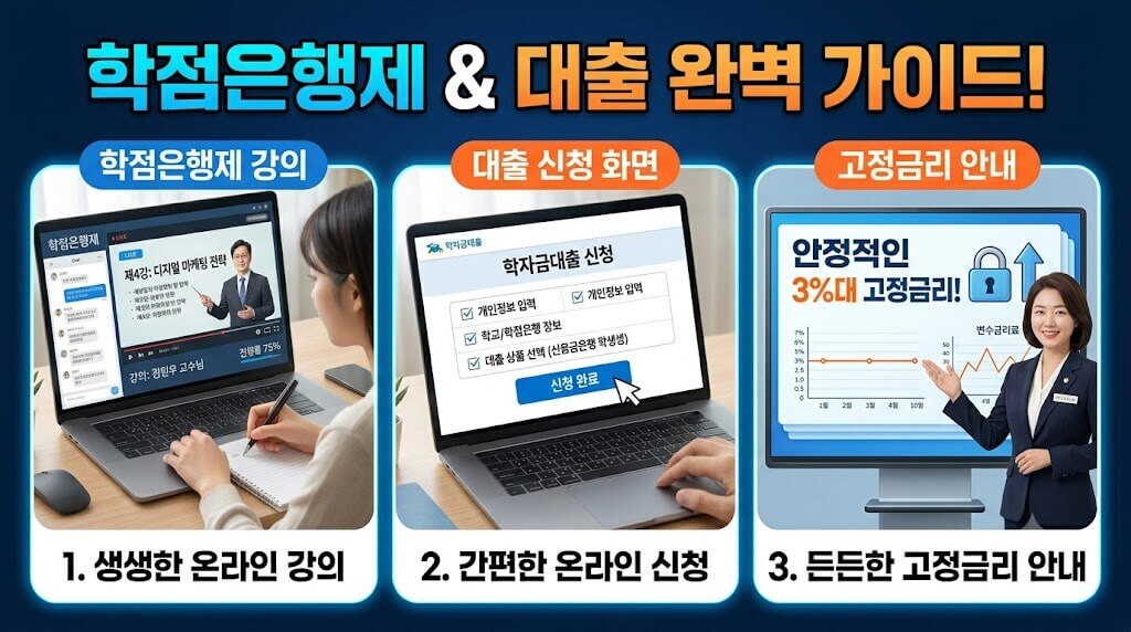 학점은행제 강의, 학자금대출 신청 화면, 고정금리 안내 이미지