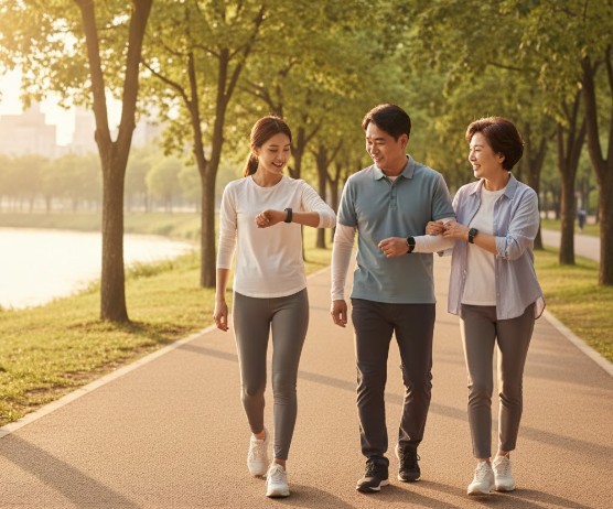 만보기를 설정하고 걷기를 하는 모습